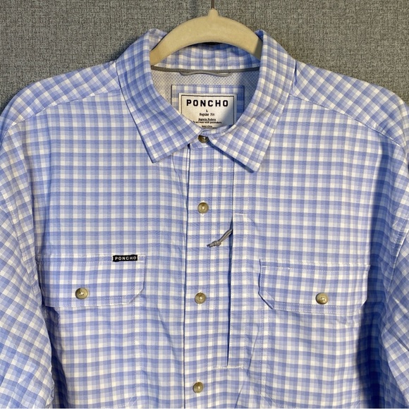 Poncho The Wahoo Large Men’s Blue White Check Performance Outdoor Fishing Shirt - Picture 5 of 9